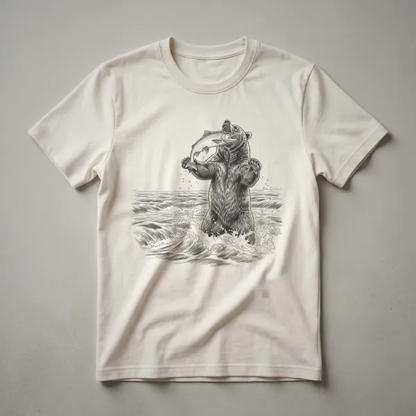 A vintage-style graphic t-shirt featuring a brown bear in a river, catching a salmon in its mouth, with a distressed texture overlay.