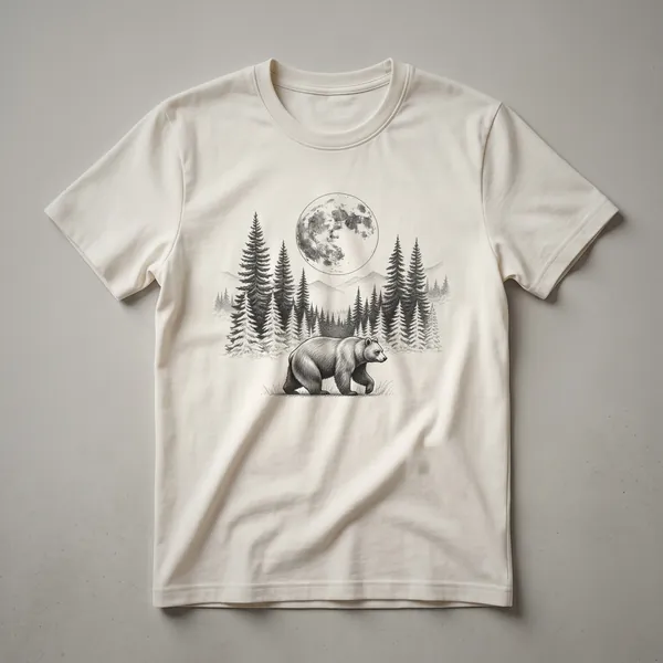 A vintage-style graphic t-shirt featuring a drawing of a bear, pine trees, and a moon in a natural, outdoor scene.
