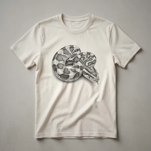 A vintage-style line drawing of a coiled Burmese python on a dark t-shirt, showcasing its intricate scales and powerful form.