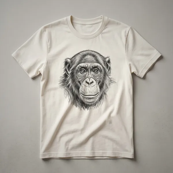 A white t-shirt featuring a vintage, hand-drawn sketch of a bonobo's face in black ink.