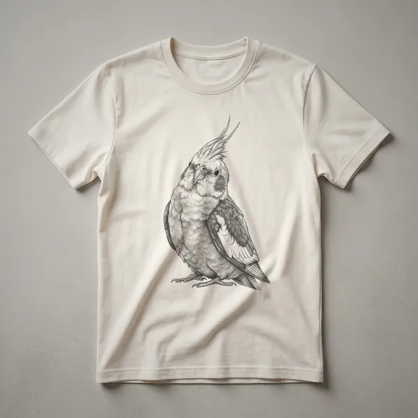 A vintage-style drawing of a cockatiel bird in profile, printed on a white t-shirt.