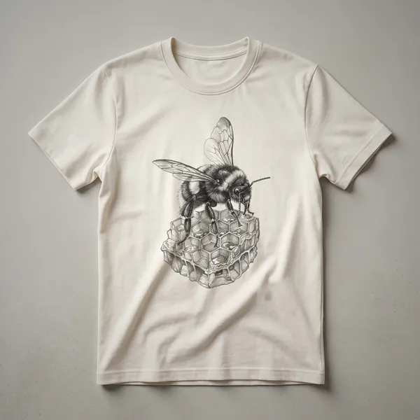 A vintage-style drawing of a bumblebee positioned over a honeycomb pattern, printed on a white graphic t-shirt.