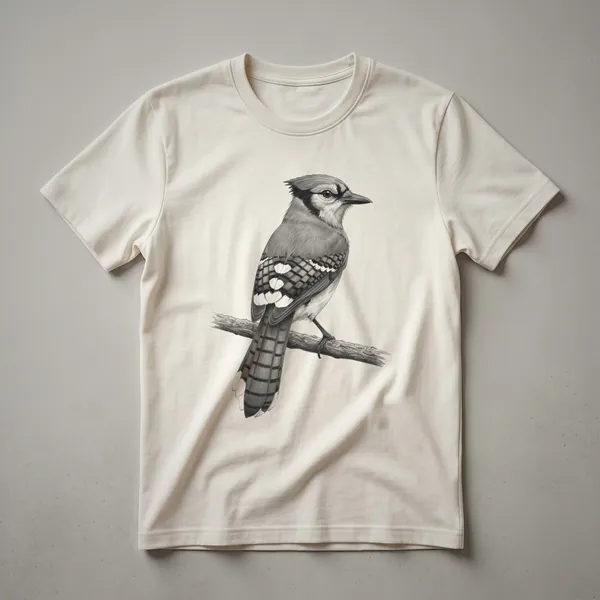 A white t-shirt featuring a vintage line drawing of a blue jay bird in profile, with subtle artistic shading.