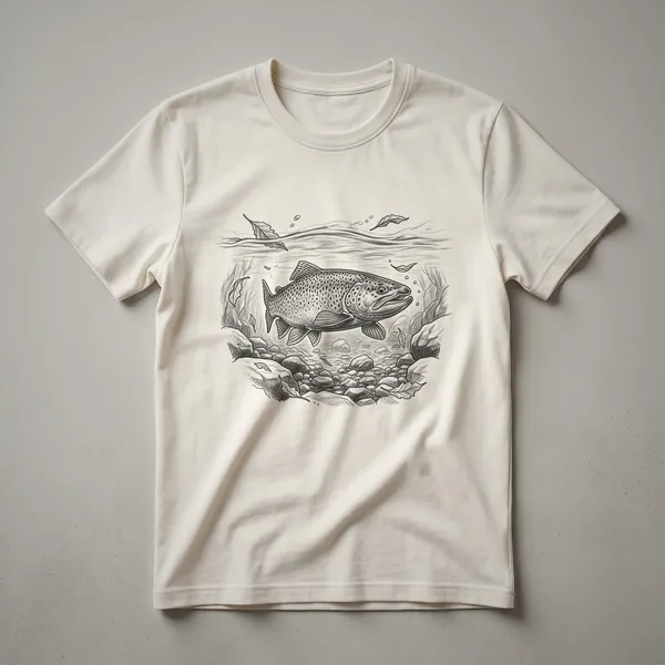 A vintage bull trout fish drawing on a black t-shirt, showcasing intricate line art details of the fish's body and fins.