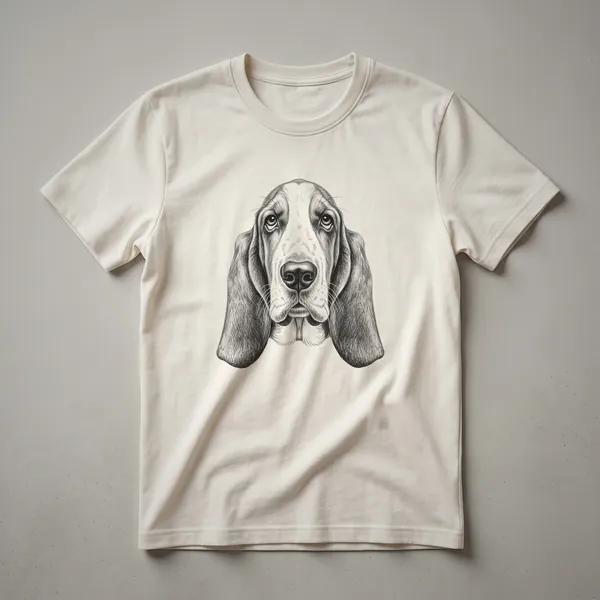 Black and white vintage line drawing of a Basset Hound's face on a white t-shirt.