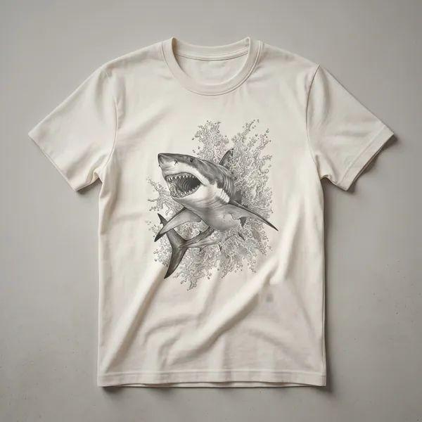 Black and white vintage line drawing of a bull shark in profile, depicted on a white t-shirt background.