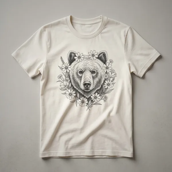 A vintage-style drawing of a bear's face with wildflowers, printed on a white graphic t-shirt.