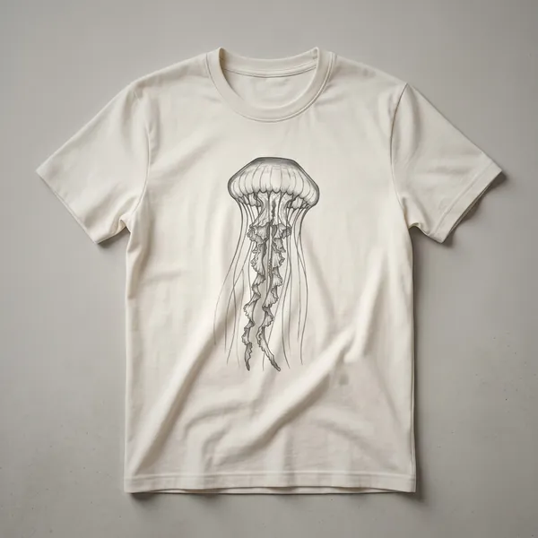 A black and white graphic t-shirt featuring a vintage hand-drawn illustration of a box jellyfish, showcasing its bell and tentacles.