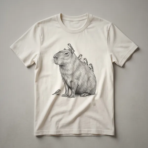 White graphic t-shirt featuring a vintage black and white line drawing of a capybara with several small birds perched on its body and head.