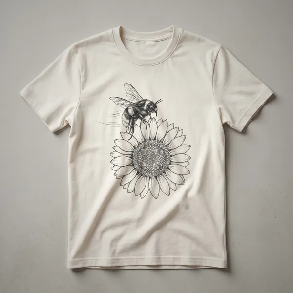 A vintage-style drawing of a bumblebee on a sunflower is printed on a white t-shirt.