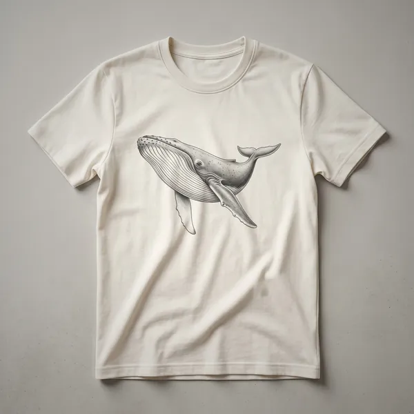 A vintage blue whale line drawing graphic t-shirt on a plain white background, showcasing the whale's full body and flowing lines.