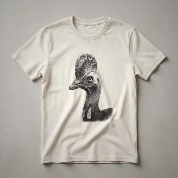 A black t-shirt featuring a vintage line drawing of a cassowary's face, showcasing its distinctive head and beak.