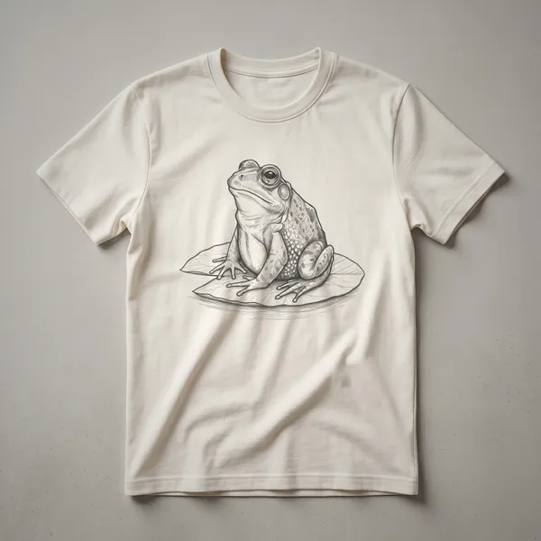 A vintage-style drawing of a bullfrog sitting on a green lily pad, printed on a white t-shirt.