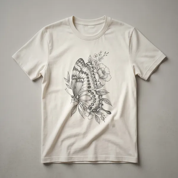 A vintage drawing of a butterfly with detailed wings, surrounded by flowers and leaves, printed on a white t-shirt.