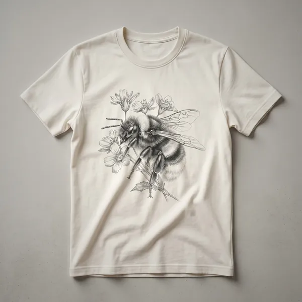 A vintage-style drawing of a bumblebee surrounded by wildflowers, printed on a white t-shirt.