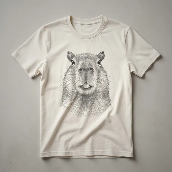 White graphic t-shirt featuring a vintage-style drawing of a capybara's face with a neutral expression.