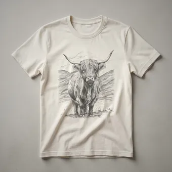 Vintage Highland Cow Mountain Drawing Art T-Shirt for Nature Lovers