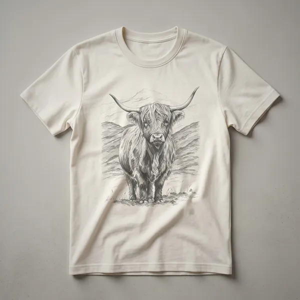 A black t-shirt featuring a vintage line drawing of a Highland cow with long horns in front of a mountain range.