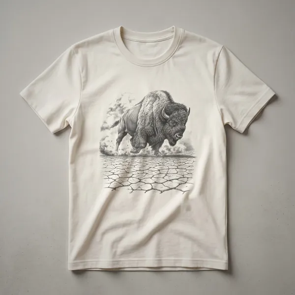 A vintage-style graphic t-shirt featuring a black and white drawing of a buffalo in a natural landscape scene.