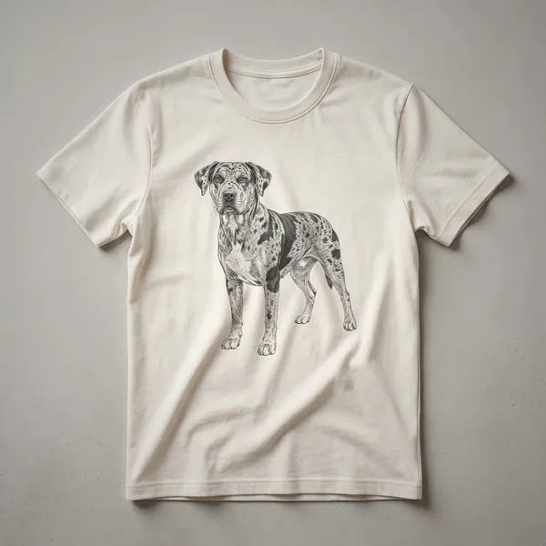 A vintage drawing of a Catahoula Leopard Dog's head on a white t-shirt, showcasing its distinctive markings and alert expression.