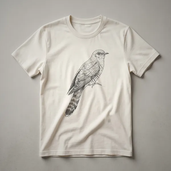 A vintage-style black and white line drawing of a cuckoo bird perched on a branch, printed on a white t-shirt.
