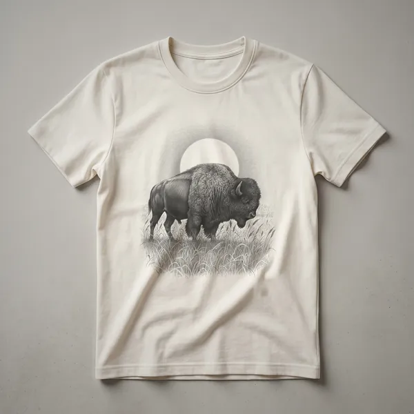 A graphic t-shirt in a vintage style, featuring a sketch of a buffalo against a sunset. The design has a hand-drawn aesthetic.