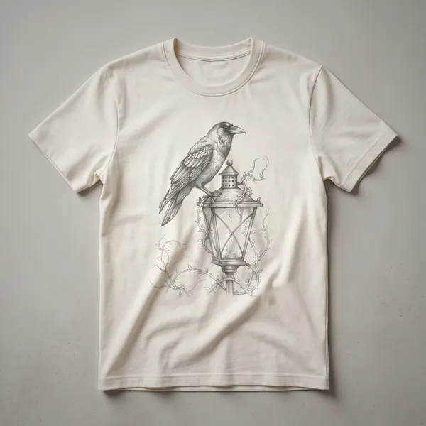 Black crow perched on a vintage lantern, depicted in a detailed drawing style on a t-shirt.