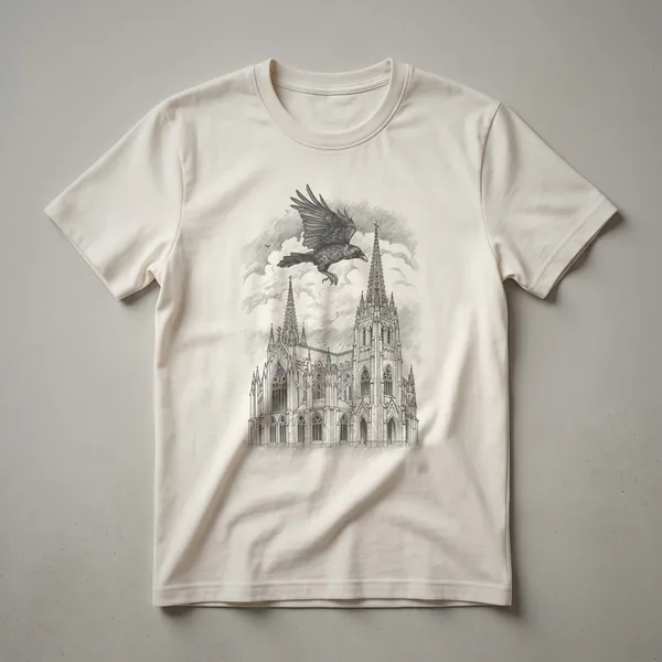 Black crow in flight above a detailed gothic cathedral, rendered in a vintage drawing style on a t-shirt.