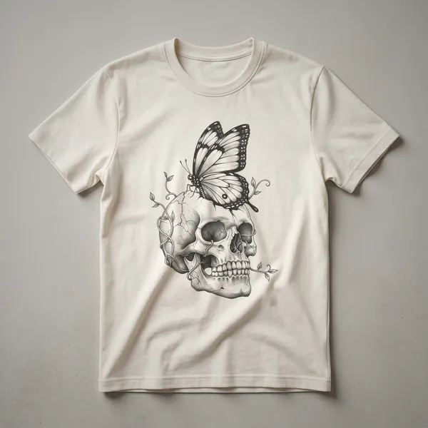 Black t-shirt featuring a vintage drawing of a butterfly on a skull with vines and leaves entwined.