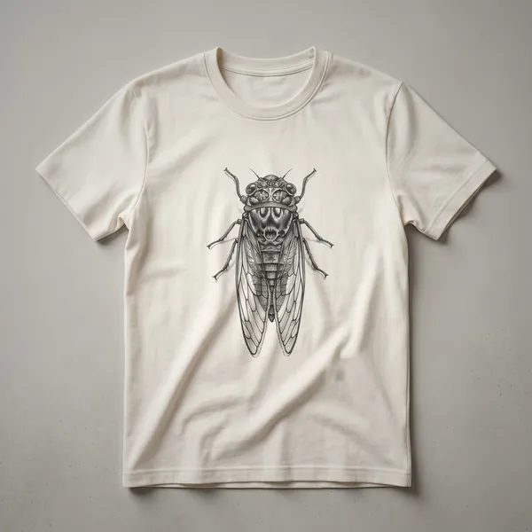 A black and white vintage drawing of a cicada insect is printed on a white t-shirt, showcasing intricate line details.
