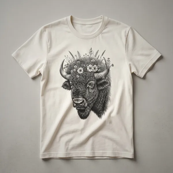 A vintage-style line drawing of a buffalo's face intertwined with floral elements, printed on a white t-shirt.