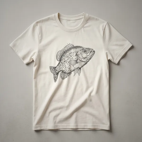 Black and white vintage crappie fish drawing on a white t-shirt, depicting the fish in profile with fine line art and shading.