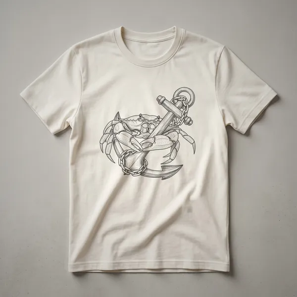 A vintage-style drawing of a crab holding a ship's anchor, printed on a white t-shirt.