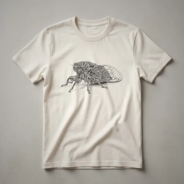 A vintage-style line drawing of a cicada insect is printed on the front of a black t-shirt.