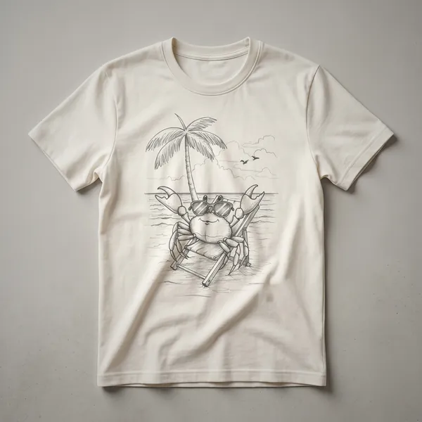 White t-shirt with a graphic of a cartoon crab wearing sunglasses, sitting on a beach chair with a beach scene in the background.