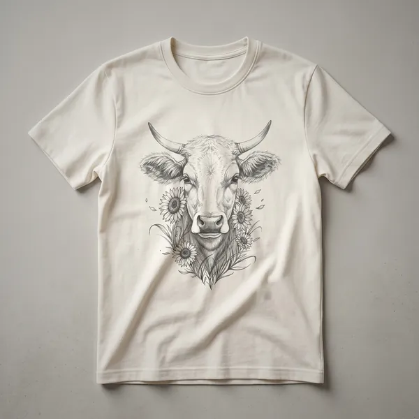 White t-shirt with a black line drawing of a cow's face surrounded by sunflowers.