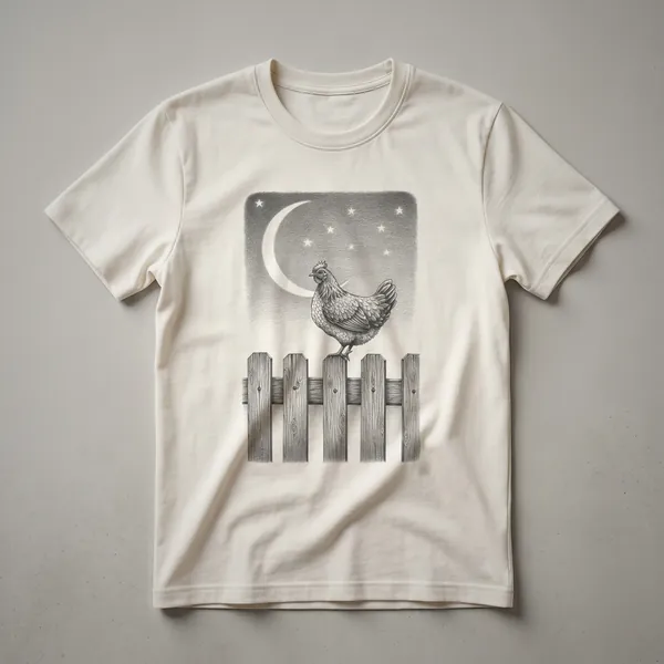 A black graphic t-shirt featuring a vintage drawing of a chicken standing near a fence with a crescent moon in the sky.