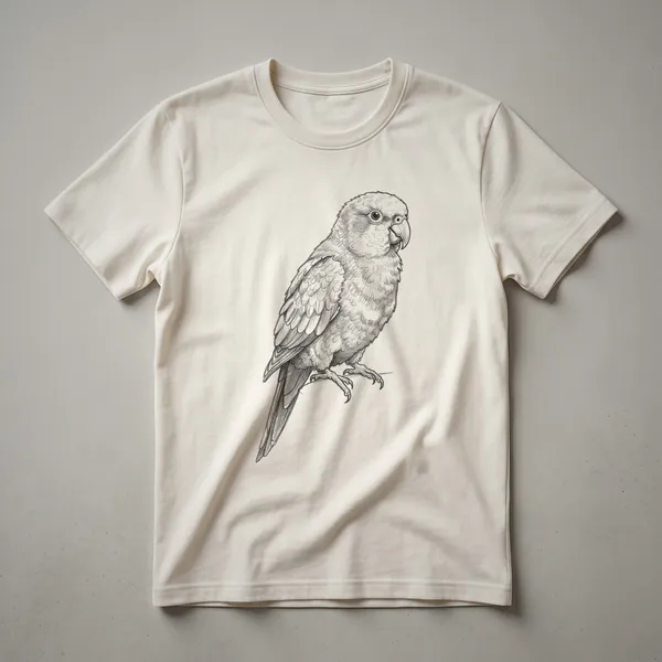 A white t-shirt featuring a vintage-style drawing of a conure bird in black and white, with the bird's name subtly incorporated into the artwork.