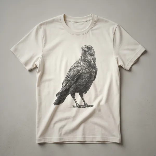 Black crow or raven graphic t-shirt with a vintage sketch design, featuring detailed feathering and an artistic rendering.