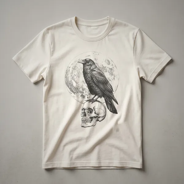 Black crow perched on a human skull with a crescent moon in the background, vintage drawing style graphic on a t-shirt.