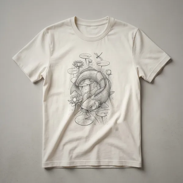 A vintage-style graphic t-shirt featuring a detailed drawing of a catfish swimming among lily pads with a dragonfly overhead, presented on a white background.