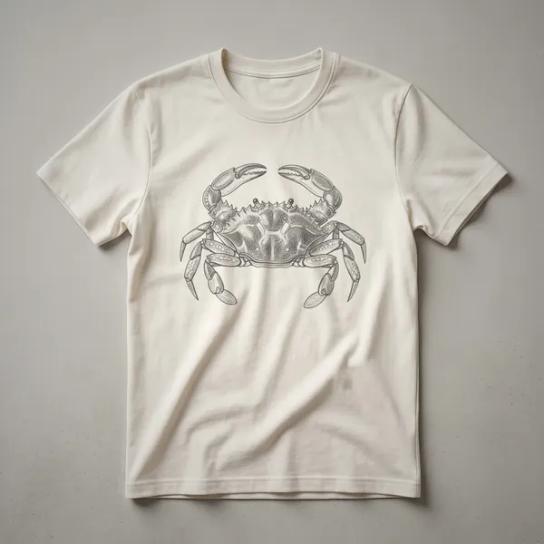 A black and white vintage-style line drawing of a crab, centered on a white t-shirt.