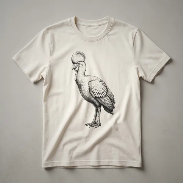 A black t-shirt with a vintage line drawing of a cassowary bird in the center, showcasing its distinctive casque and neck.