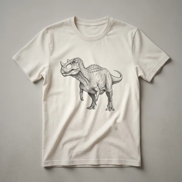 Black graphic t-shirt featuring a vintage line drawing of a Ceratosaurus dinosaur in profile.