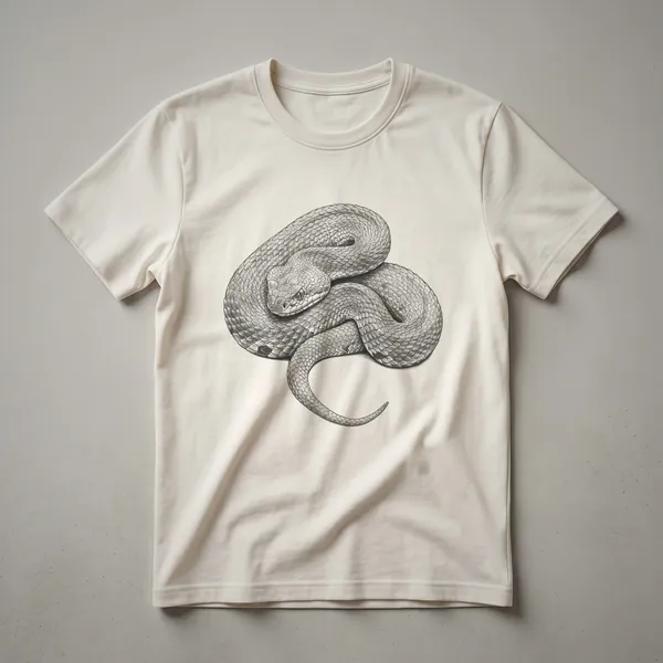 A vintage line drawing of a coiled copperhead snake on a dark t-shirt, showcasing intricate detail and artistic style.