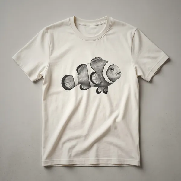 White t-shirt featuring a vintage-style drawing of an orange and white clownfish with black outlines and subtle shading.