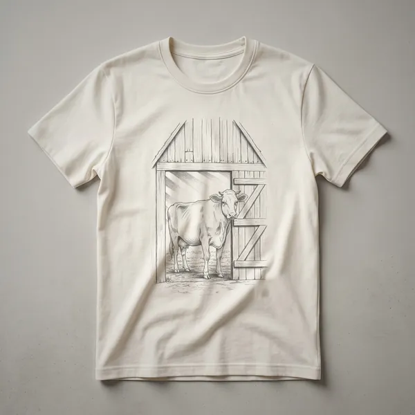 Black and white line drawing graphic t-shirt featuring a cow standing in a barn doorway, presented on a cream-colored shirt.