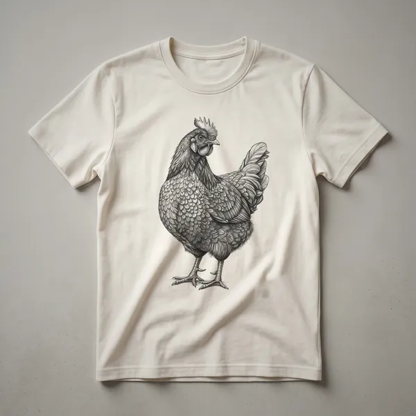 A black graphic t-shirt featuring a vintage-style line drawing of a chicken in white ink.