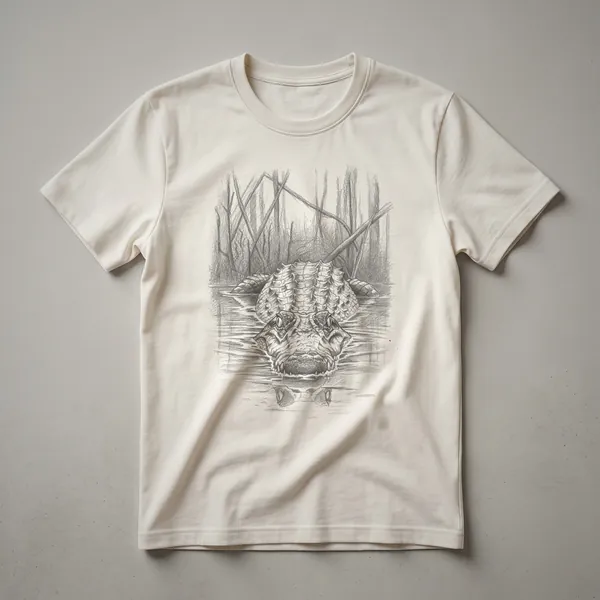 A vintage-style drawing of a crocodile in a swampy environment, printed on a black t-shirt.