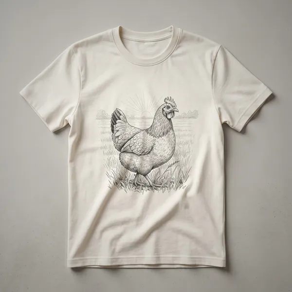 White t-shirt with a black vintage drawing of a chicken in a farmyard scene, featuring a rustic, hand-drawn style.
